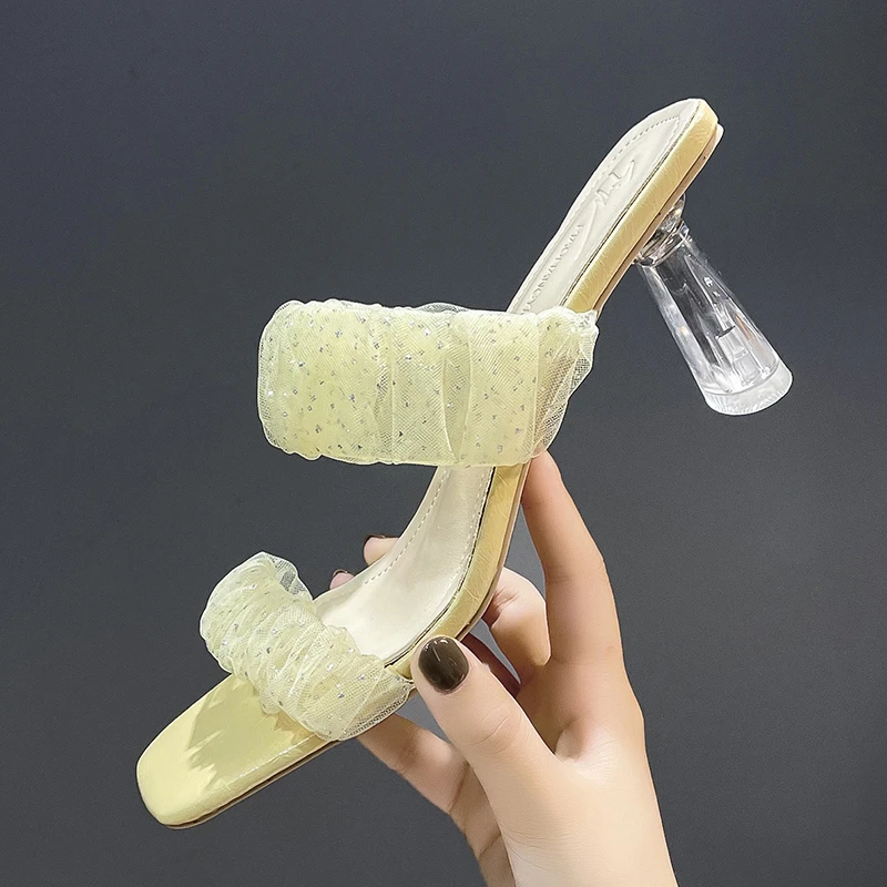 

Transparent Crystal High Heel Slippers Women Fashion 2021 Summer New Mesh Shallow Open Toe Woman Shoes High Heels Sexy