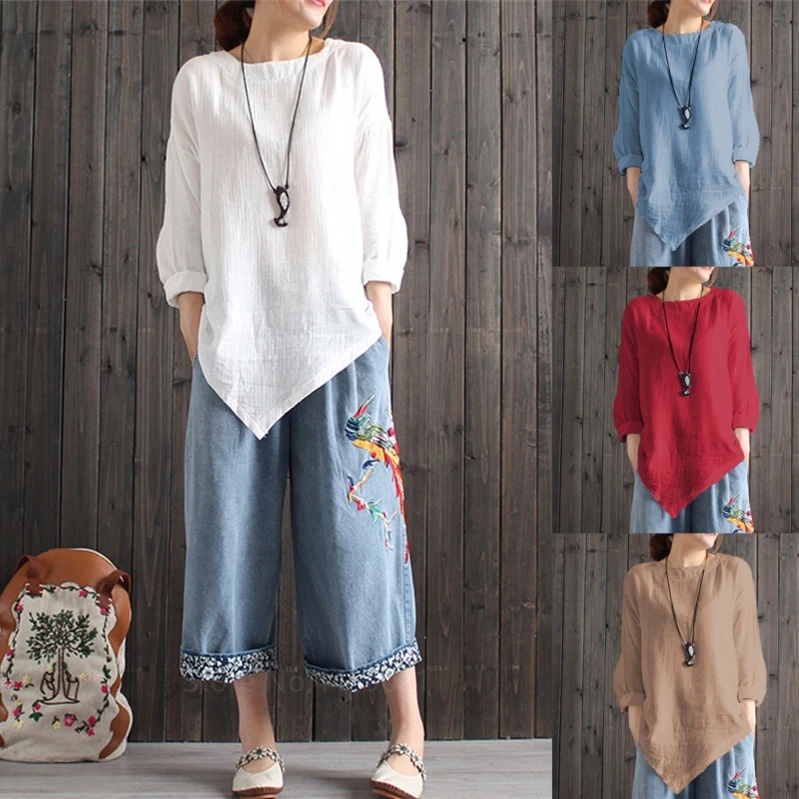 

Chinese Traditional Women's Blouse Retro Shirt Cotton Solid Color Irregular Hem Tops Plus Size Long Sleeve Casual Loose Costumes