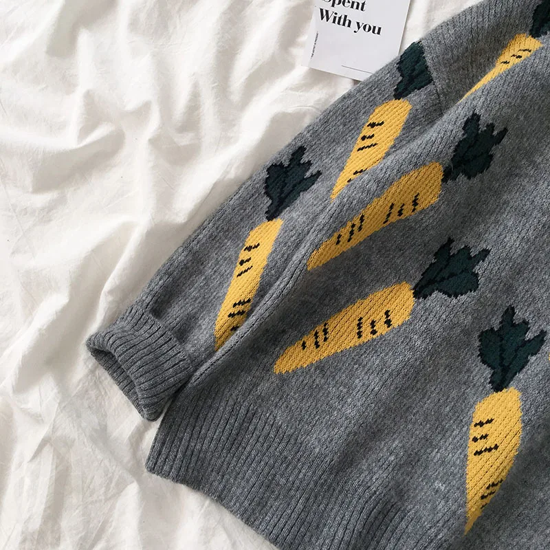 Gaganight Fashion Carrot Pattern Women Sweater Chic Turtleneck Pullover Female Grey Casual Loose Girl Jumper Autumn Winter Thick | Женская