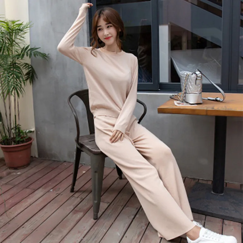 

Autumn Winter Elegant Women Knitted 2 Piece Set Long Sleeve Sweater Pullover + Fashion Wide Legs Pants Women Casual Tracksuit