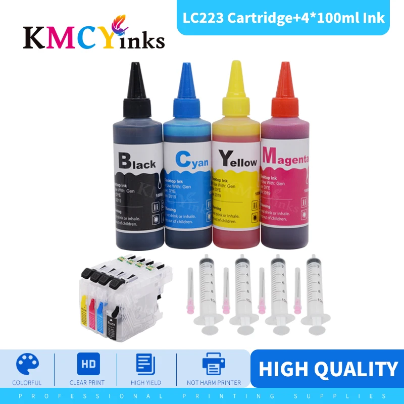 

KMCYinks 4 Bottl Dye Ink + LC223 XL Refillable Ink Cartridges For Brother LC 223 221 225 227 229 MFC J5620DW J5625DW J5720DW