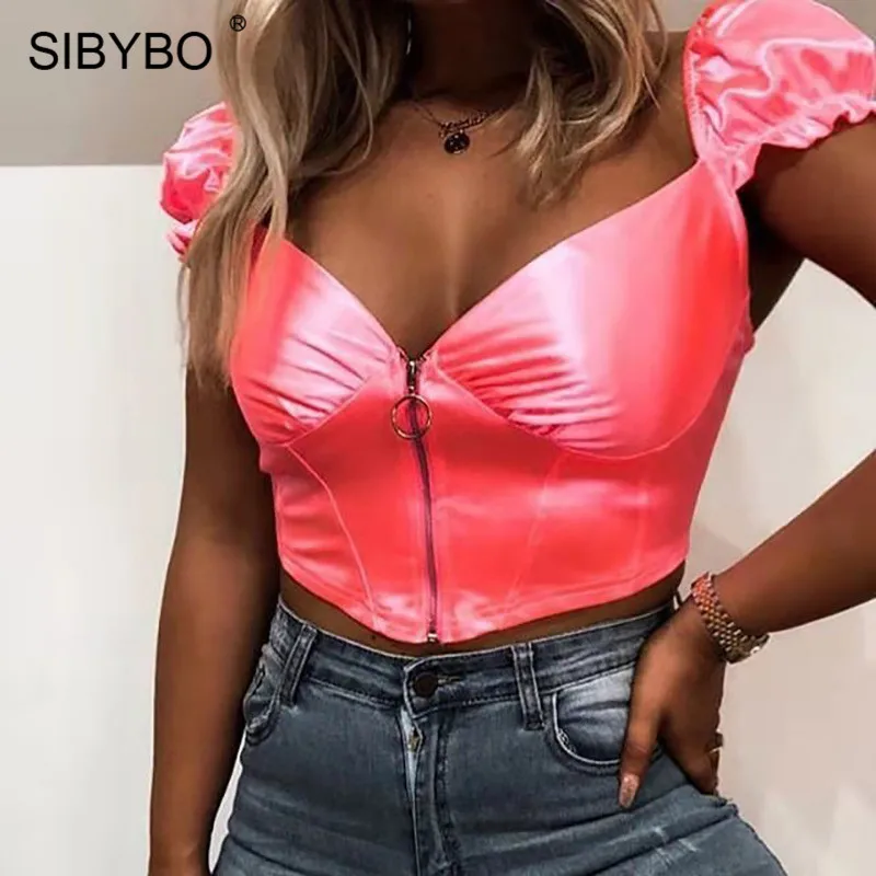 Rose Red Sibybo тонкий летний укороченный топ на молнии с оборками, женская мода, v-образный вырез, открытая спина, сексуальный топ, однотонная пляжная одежда, повседневные женские топы - Цвет: Rose Red