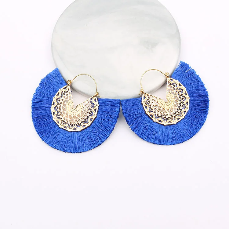 Royal blue Богемные веерообразные серьги с кисточками для женщин, женские висячие серьги ручной работы с бахромой, Винтажные висячие Висячие серьги, ювелирные изделия - Окраска металла: Royal blue