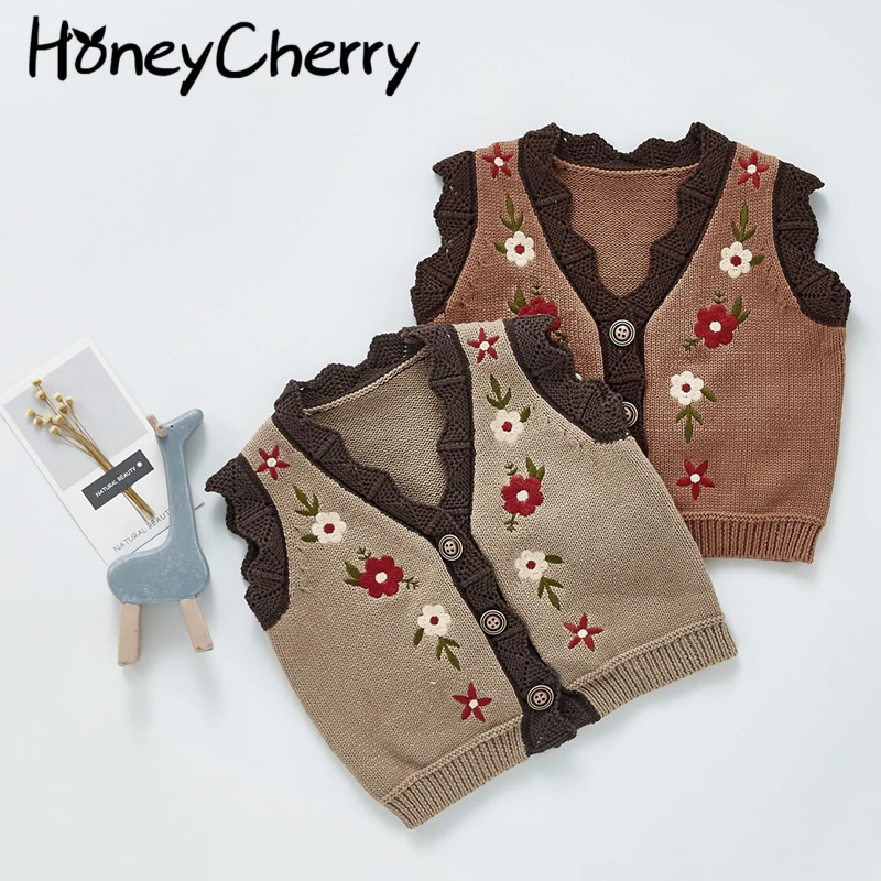 

2021 Autumn girl baby infant knit vest embroidered cotton V-neck cardigan vest jacket girl vest