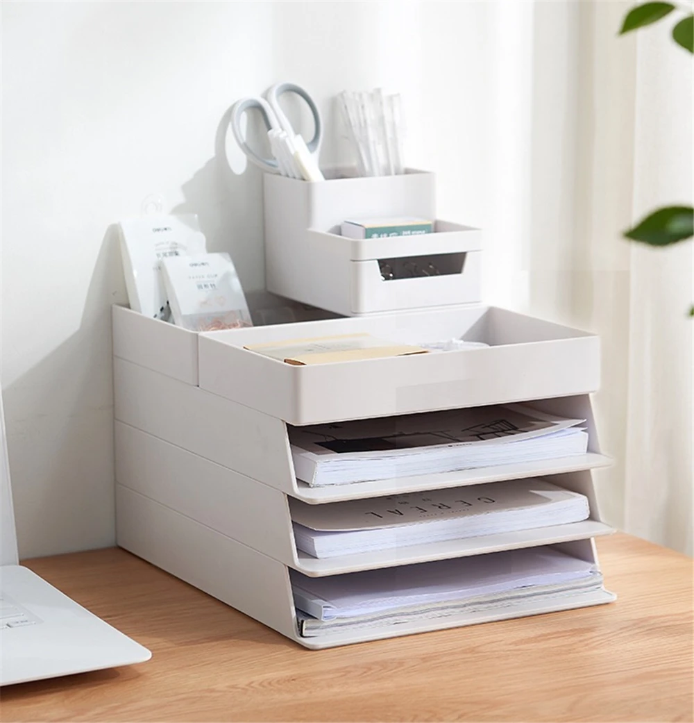 

4 Layers Table Storage Organizer Box A4 Big Document Case Paper Desk Organizer Stationery Pen Book Holder for Home Desktop