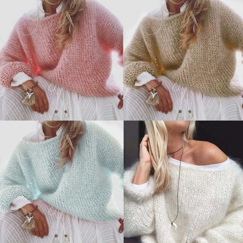 Женский свитер с длинным рукавом и круглым вырезом Пушистый пуловер из мохера