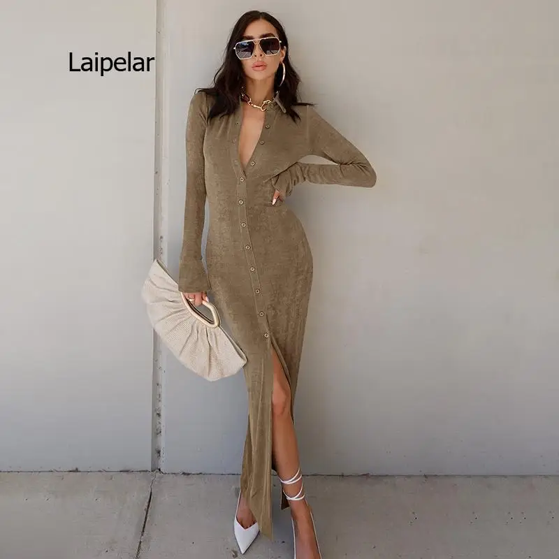 

Модные платья до щиколотки для женщин, Осенние зеленые повседневные Элегантные пикантные однотонные платья на пуговицах с длинным рукавом ...