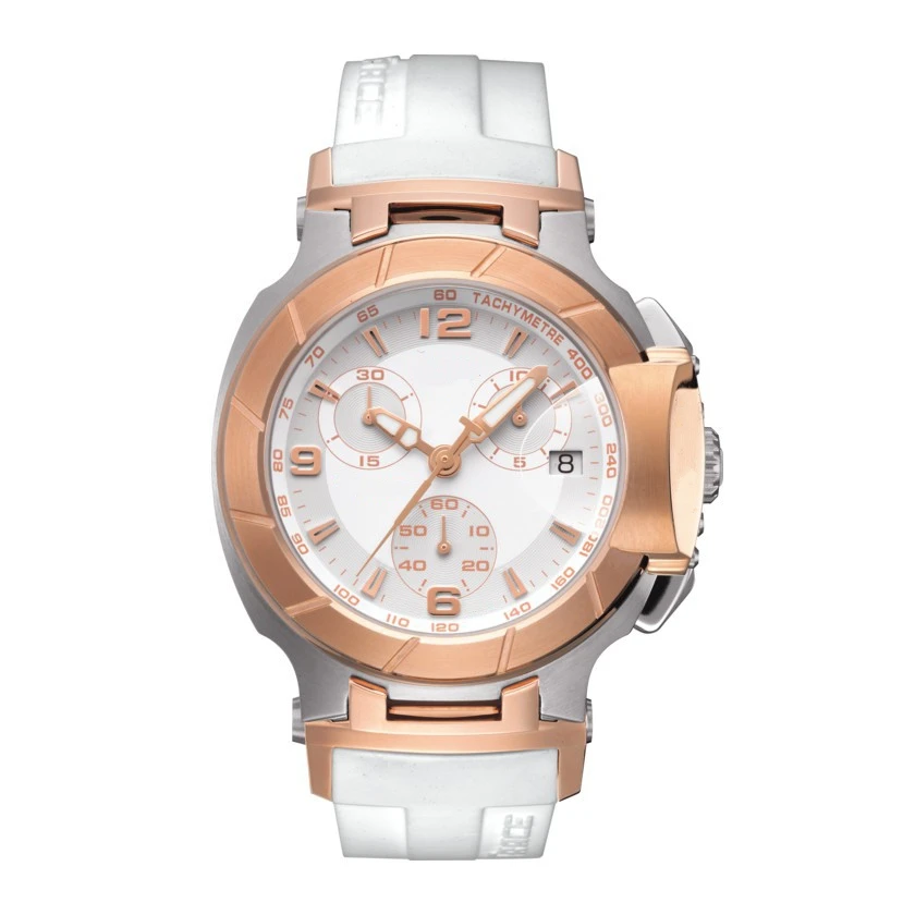

High-end Men's Watch T-RACE Quartz Chronograph White Rubber Rose Gold Stainess Steel Sapphire Glass