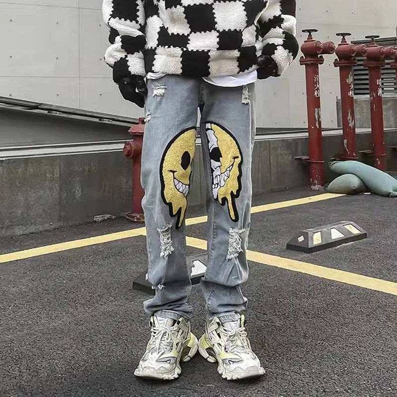 

Рваные джинсы в стиле ретро для мужчин и женщин, прямые повседневные брюки оверсайз из денима с трещинами и дырками в уличном стиле