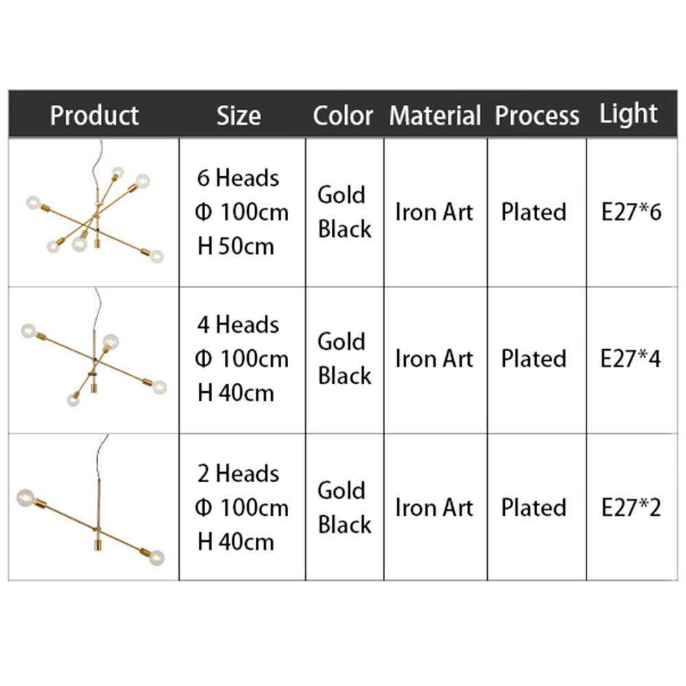 

Modern Nordic Pendant Lights Black Gold Pendant Lamps 2 4 5 6 Head E27 led Light Bulb Hanging Lamp Home decoration lighting Lamp