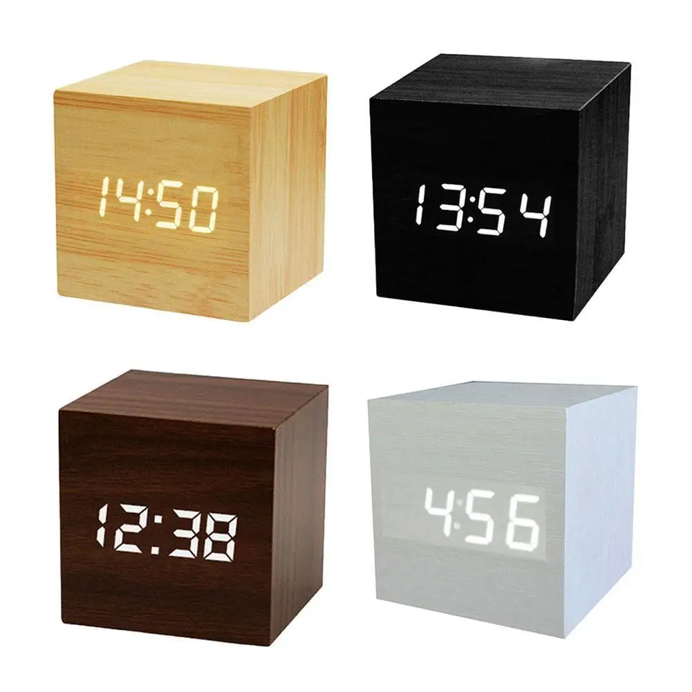 

Multifunction Clocks LED Wooden Alarm Clock Watch Table Voice Control Digital Wood Electronic Desktop Alarm Table Decor 2021