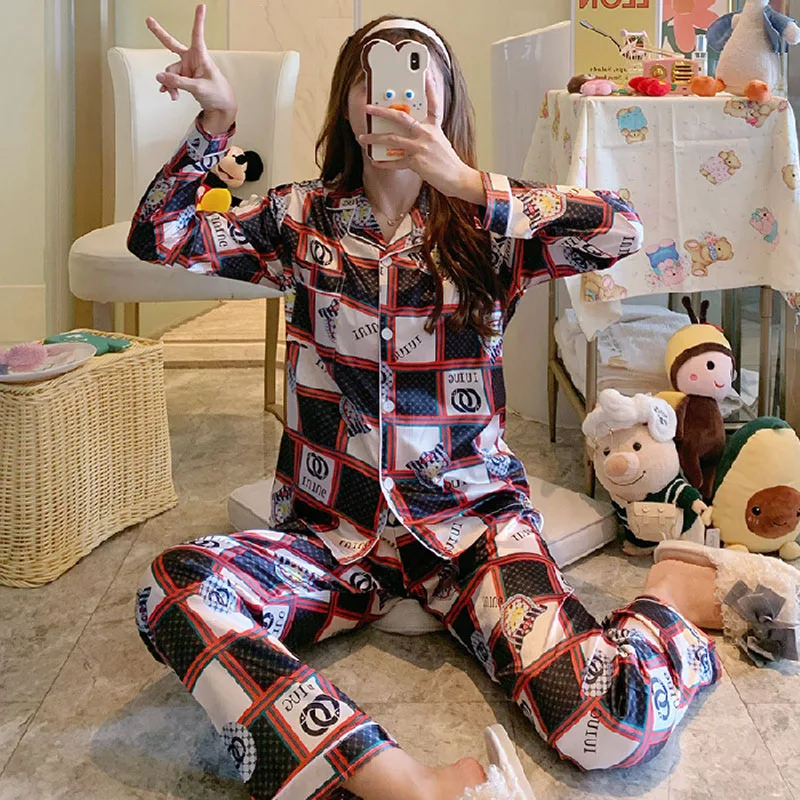 Women's Pajamas Sets Ice Silk Autumn Winter Cardigan Long-sleeved Trousers Lapel Home Service Sleepwear Clothes pijama feminino