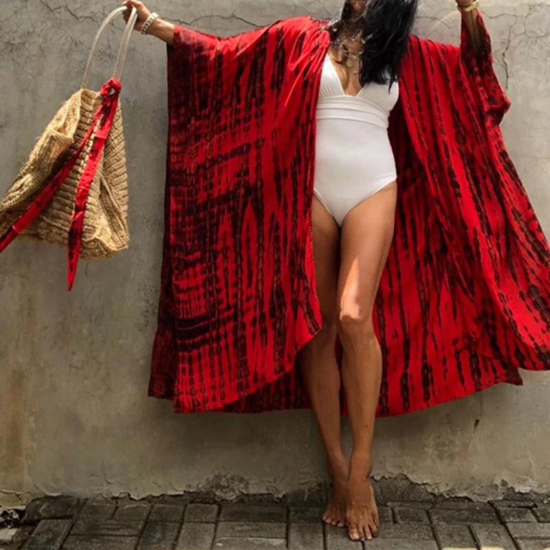 

Women Long Kimono Cardigan Irregular Tie-Dye Striped Swimsuit Cover Up Blouse MXMC