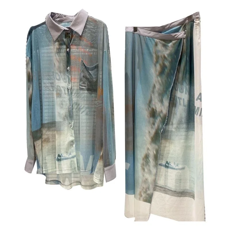 

Ink Painting Style Sunscreen Ice Silk Shirt + Beveled Skirt 2021 Summer New Fashion Twi Piece Set