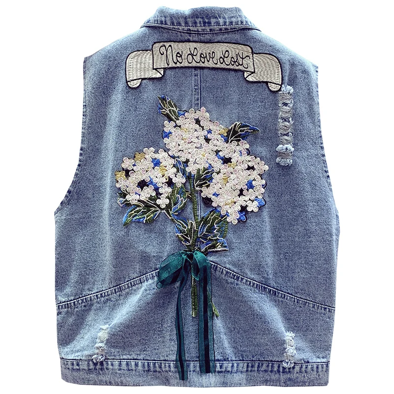 

New Spring Summer Plus Size Women Hole Sleeveless Denim Bomber Jacket 5XL Appliques Print Jeans Vest Lady Elegant Outwear Coat