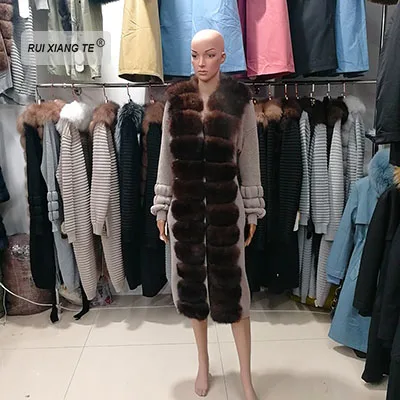 fashion A-2 Женское натуральное меховое пальто из натуральной шерсти, вязаное с лисьим воротником, теплое зимнее пальто из натурального Лисьего меха, зимняя Длинная Верхняя одежда RuiXiangTe - Цвет: fashion A-2