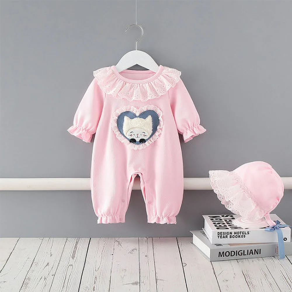 

2021 Spring New Pink Long-Sleeved Baby Romper Cotton Love Little Fox Princess Jumpsuit + Hat