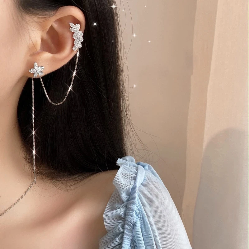 

2021 Fashion Silver Color Cubic Zirconia Flower Long Tassel Earrings For Women Elegant Crystal Drop Earring Jewelry