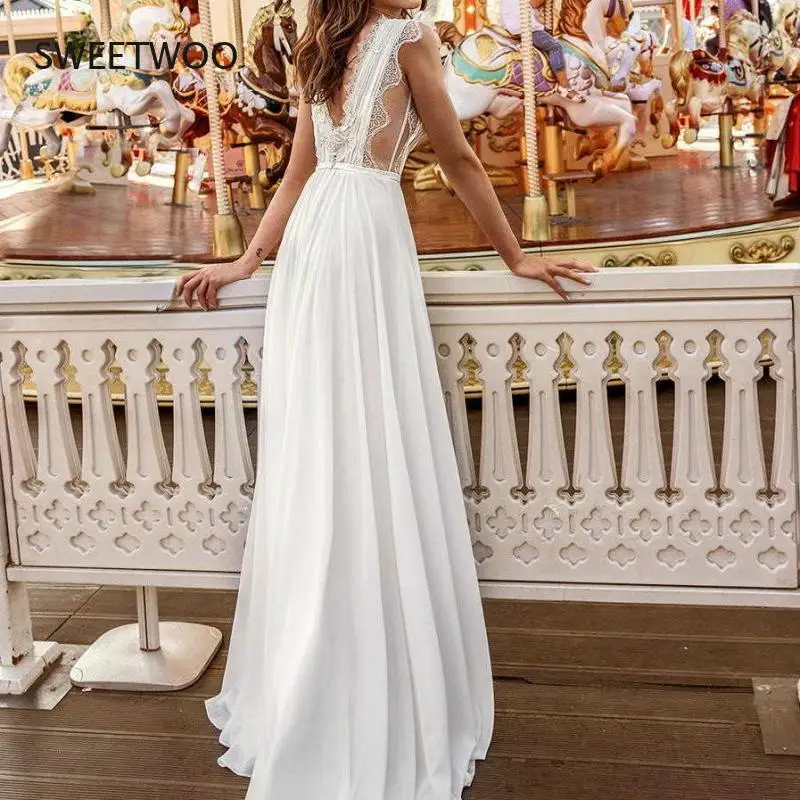 

Summer Women's Elegant Lace Stitching Dress New Deep V-Neck Waist Sleeveless and Ankle Dress Female Trend