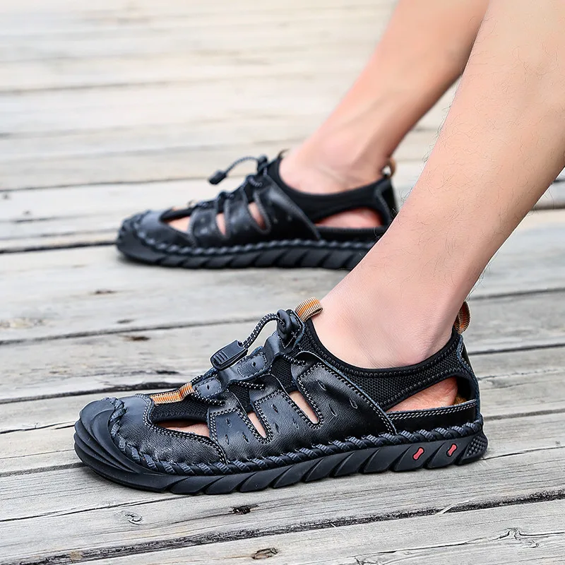 

Large size sandals men's waterproof beach shoes Baotou leather dad shoes anti-collision anti-skid lazy shoes soft bottom pedal
