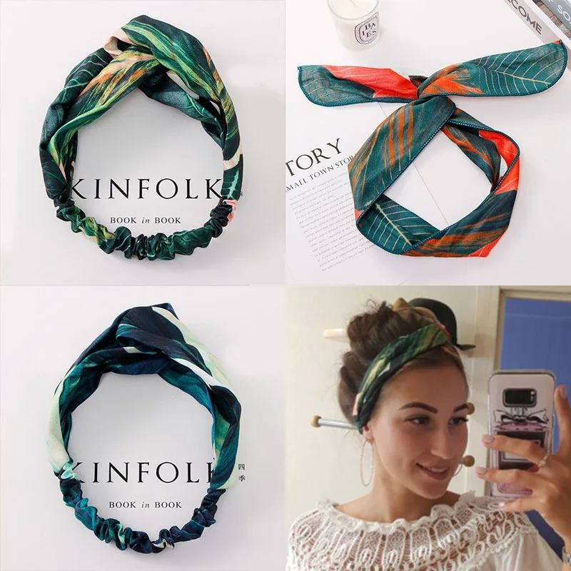 

1Pc Fashion Women Headbands Print Ins Leaf Elastic Sport Hair Bands For Women Girls Rabbit Ear Cross Dual-use Hair Accessories