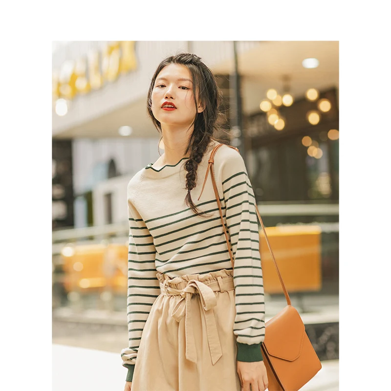 INMAN Spring Autumn Lace O-neck Minimalism All Matched Slim Literary Striped Women Pullover | Женская одежда