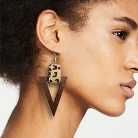 animal print genuine leather wrap point wood triangle drop earrings for women fashion geometric jewelry wholesale