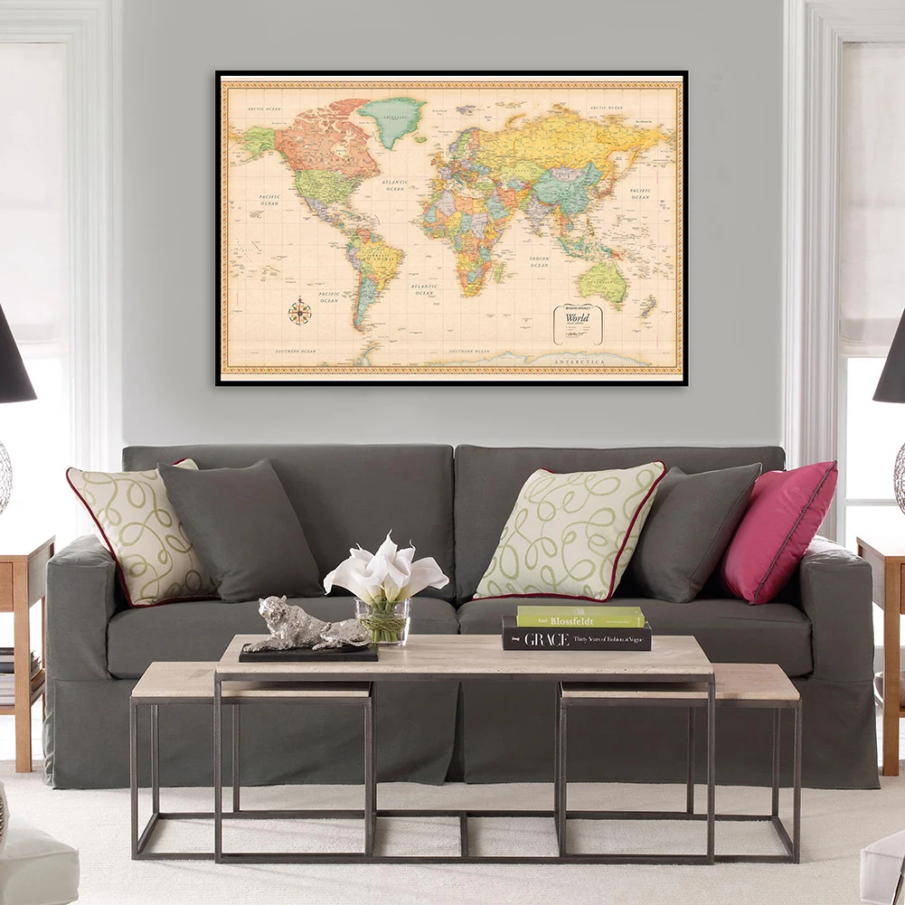 

70*50cm Political Map of The World with Details Vintage Wall Art Poster Canvas Painting School Supplies Living Room Home Decor