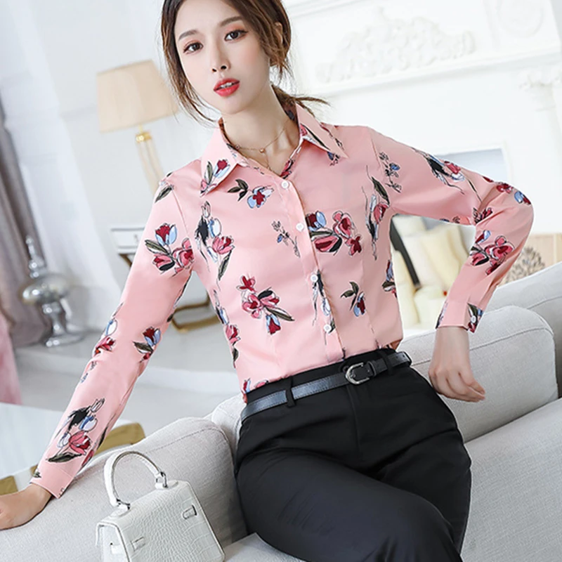 Korean Women Shirts Elegant Print Blouse Pink Shirt Plus Size 3XL Woman Long Sleeve Blusas Mujer De Moda Ladies Tops | Женская одежда