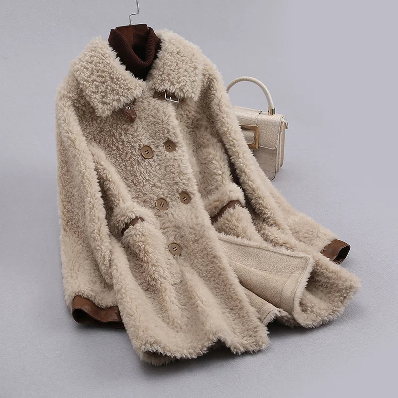 Sheep Shearling Coats Women 2023 Autumn Winter Fur Coat Real Wool Outwear Double Breasted Jackets Casaco Feminino X846