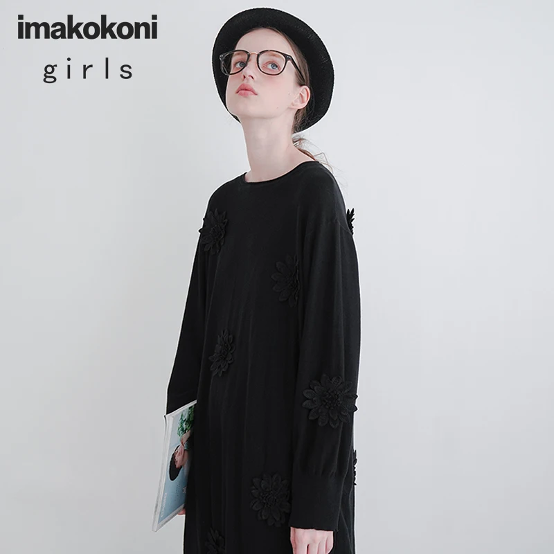 Платье Imakokoni с черными цветами оригинальный дизайн милый японский свитер длинным