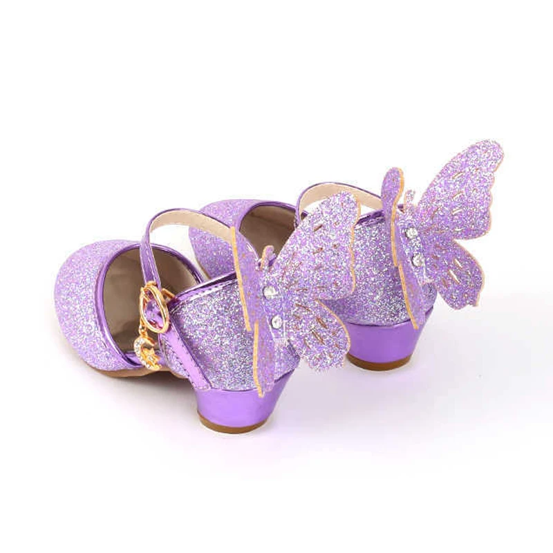 Summer Girls Shoes High Heels Sequin Leather Butterfly Children Princess Wedding Party Dance for Kids Sandals | Детская одежда и
