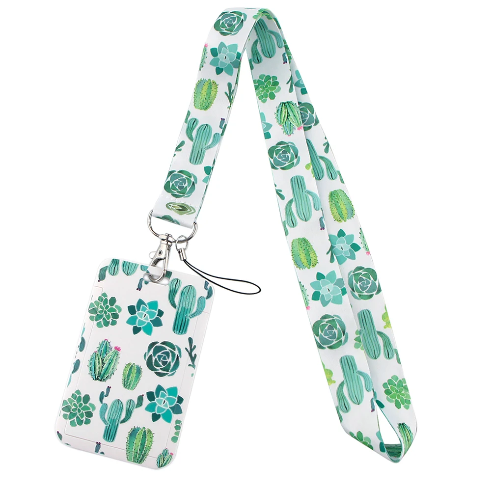 

PF394 Dongmanli Green Cactus Lanyard Credit Card ID Badge Holder Key Ring Bag Student woman Travel Bank Bus Card Cover Keychain