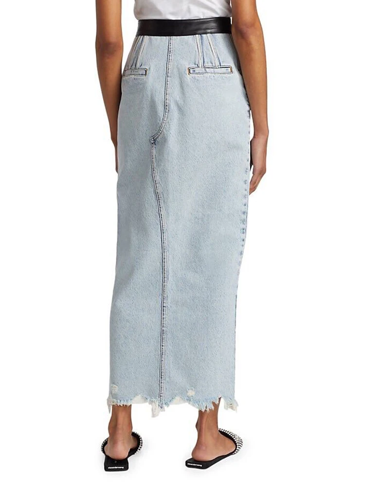

DEAT High Elastic Waist Half-body Skirt Light Blue Patchwork Pockets Hole Women Slim Fit Fashion Tide New Summer 2021 7E644