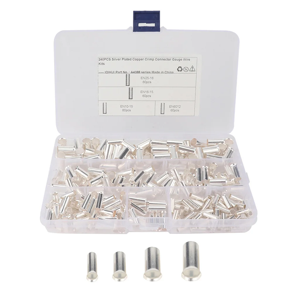 

240pcs Tube-shaped Tin Plated Copper Bare Terminals Non Insulated Ferrules Pin Cord End Electrical Cable Crimp Connectors