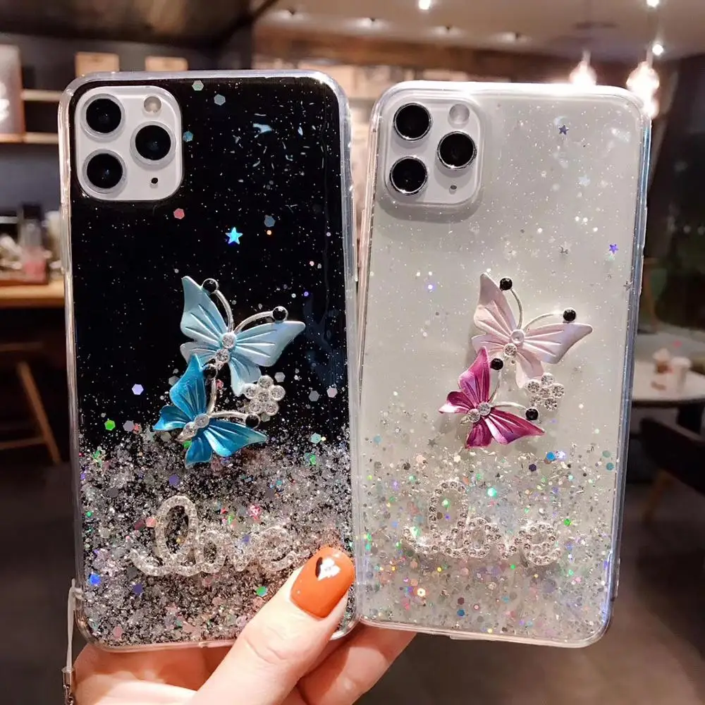 

Luxury Butterfly Glitter Stars Phone Case for Iphone X XR XS 11 12PRO MAX 7 8 Plus Sequins Letter Love Soft Lanyard Back Cover