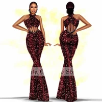 sexy halter neck aso ebi burgundy mermaid evening suits sequins tassel formal party second reception gowns party dress