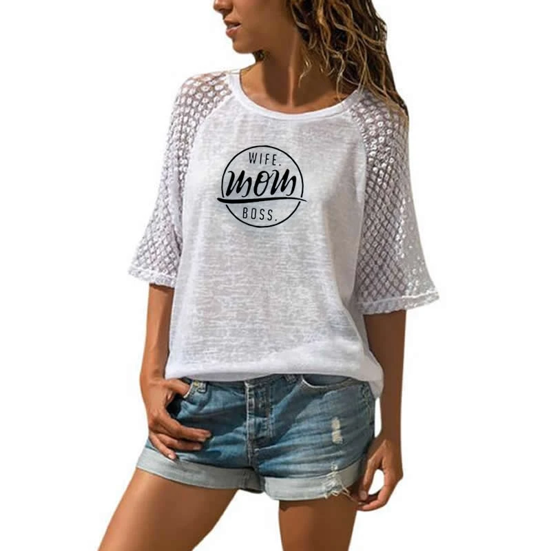 

2019 Fashion Lace Crew Neck T-Shirt Wifi Mom Boss Letters Print T-Shirt For Women Harajuku T-Shirt Women Plus Size Tumblr Tops