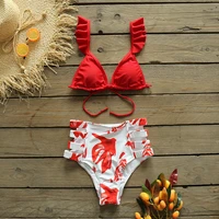 2021 sexy high waist ruffle bikini set swimwear women two pieces swimsuit bandage print floral beachwear bathing suit biquini