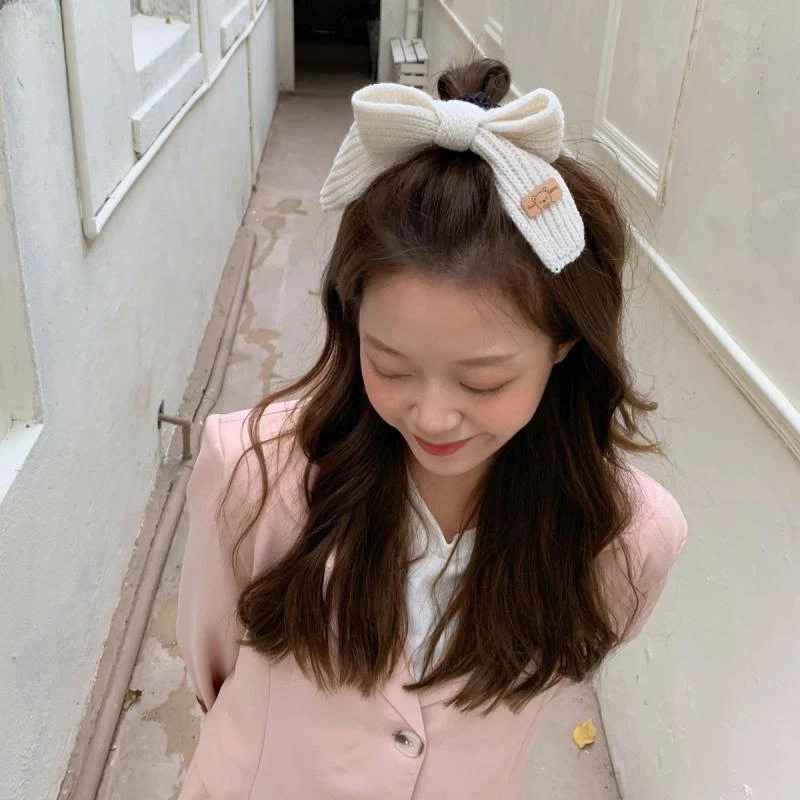 Korean Winter Wool Knitted Bow Hair Rope Solid Color Scrunchies Big Bowknot Ring Accessories Girls Bands |