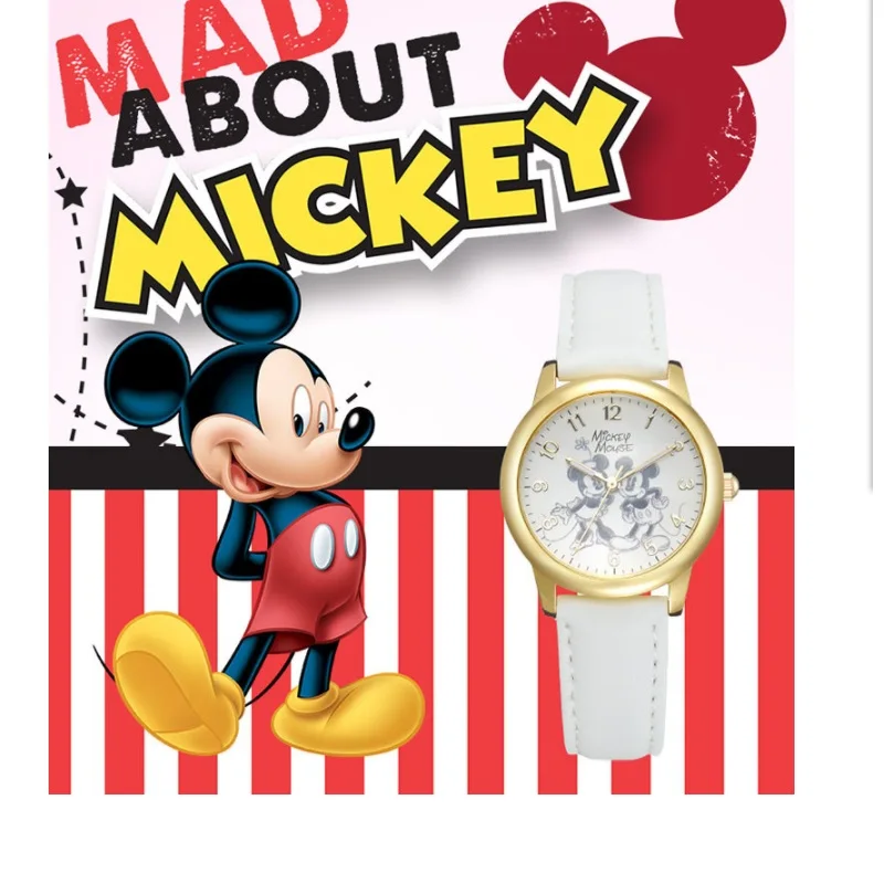 Брендовые оригинальные MK-11038 часы с Микки Маусом из мультфильма, кожаные кварцевые часы для детей, мальчиков, студентов, модные водонепроницаемые часы