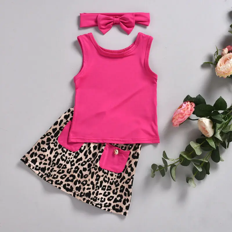 3PCS Newborn Toddler Kid Baby Girl T-Shirts Tops+ Leopard print Skirts +Headband 3pcs Sunsuit Clothes 2-6Y | Мать и ребенок
