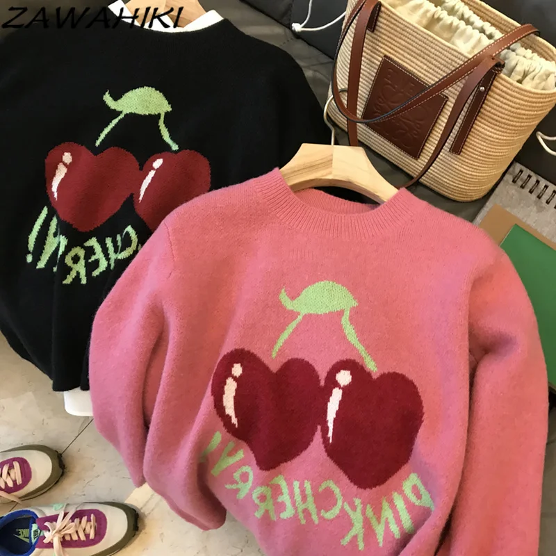 

Свитер zawхитки в стиле оверсайз, повседневные топы с круглым вырезом и вышивкой вишни, милый модный шерстяной Женский вязаный пуловер с длин...