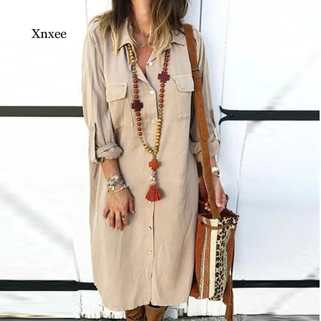 

Women's Dress Buttoned Khaki Solid Color Dresses Summer Casual Long-Sleeved Shirt Pocket Dress casual solid ankle length khaki