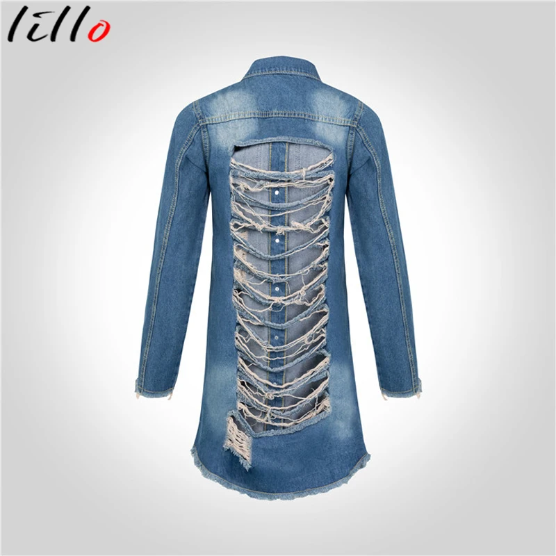 

Casual Women Jacket Hole Tassel Women Denim Jacket Hole Style Vintage Long Sleeve Slim Ladies Denim Autumn Coat Plus Size