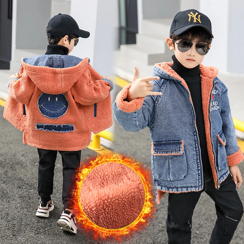 

Kids Clothing Winter Autumn Boys Denim Coat School Children Thicken Warm Outerwear 10Y Big Boys Jean Jackets Two-way-wearing
