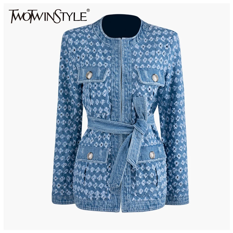 Женское ажурное джинсовое пальто TWOTWINSTYLE Осеннее черное с круглым вырезом