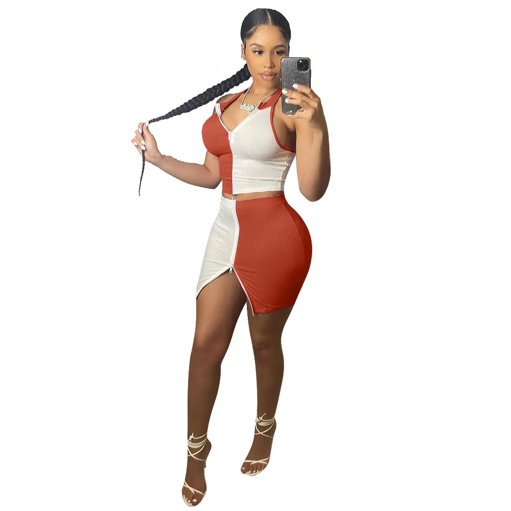 

Two-Piece Color Matching Skirt Suit 2021 New Plus Size Womens Sleeveless Top And Short Skirt With Zipper Sexy Stretch Skirt Suit