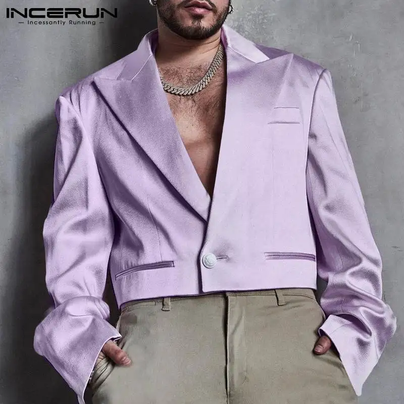 

INCERUN Men Casual Blazer 2022 Lapel Long Sleeve Streetwear Satin Pockets Crop Coats Solid Color Fashion Leisure Men Suits 5XL 7