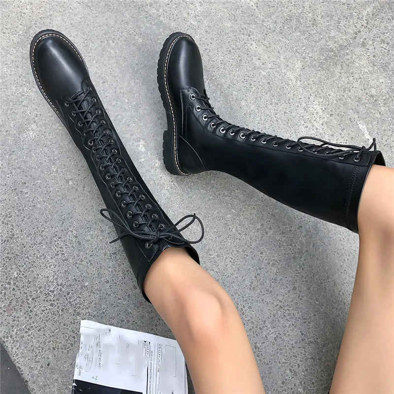 YMECHIC/ г.; модные сапоги до колена; Женская Осенняя обувь из натуральной коровьей кожи; хорошее качество; сапоги до колена на шнуровке в байкерском стиле; Новинка